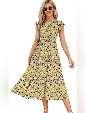 JASPAL Women’s Casual Smocked Midi Dress Yellow Floral with Blue Accents